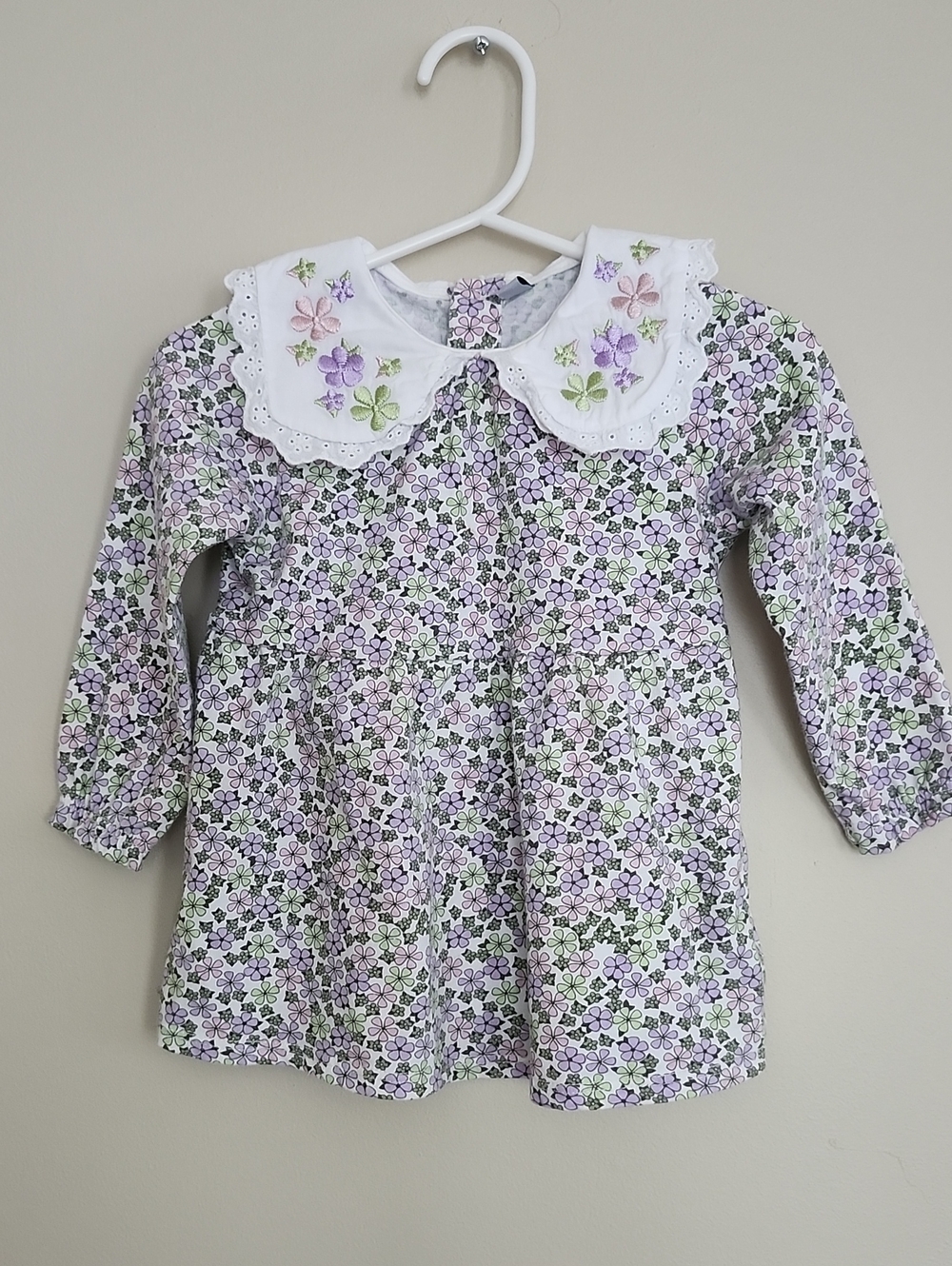 Girls' Purple Floral Long-Sleeve Dress with Embroidered Peter Pan Collar
